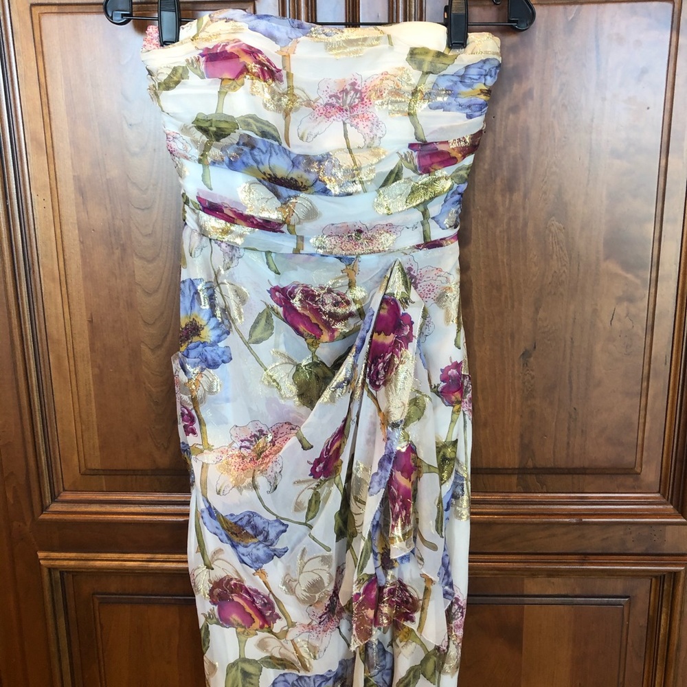 Nicole Miller silk floral with metallic gold dress